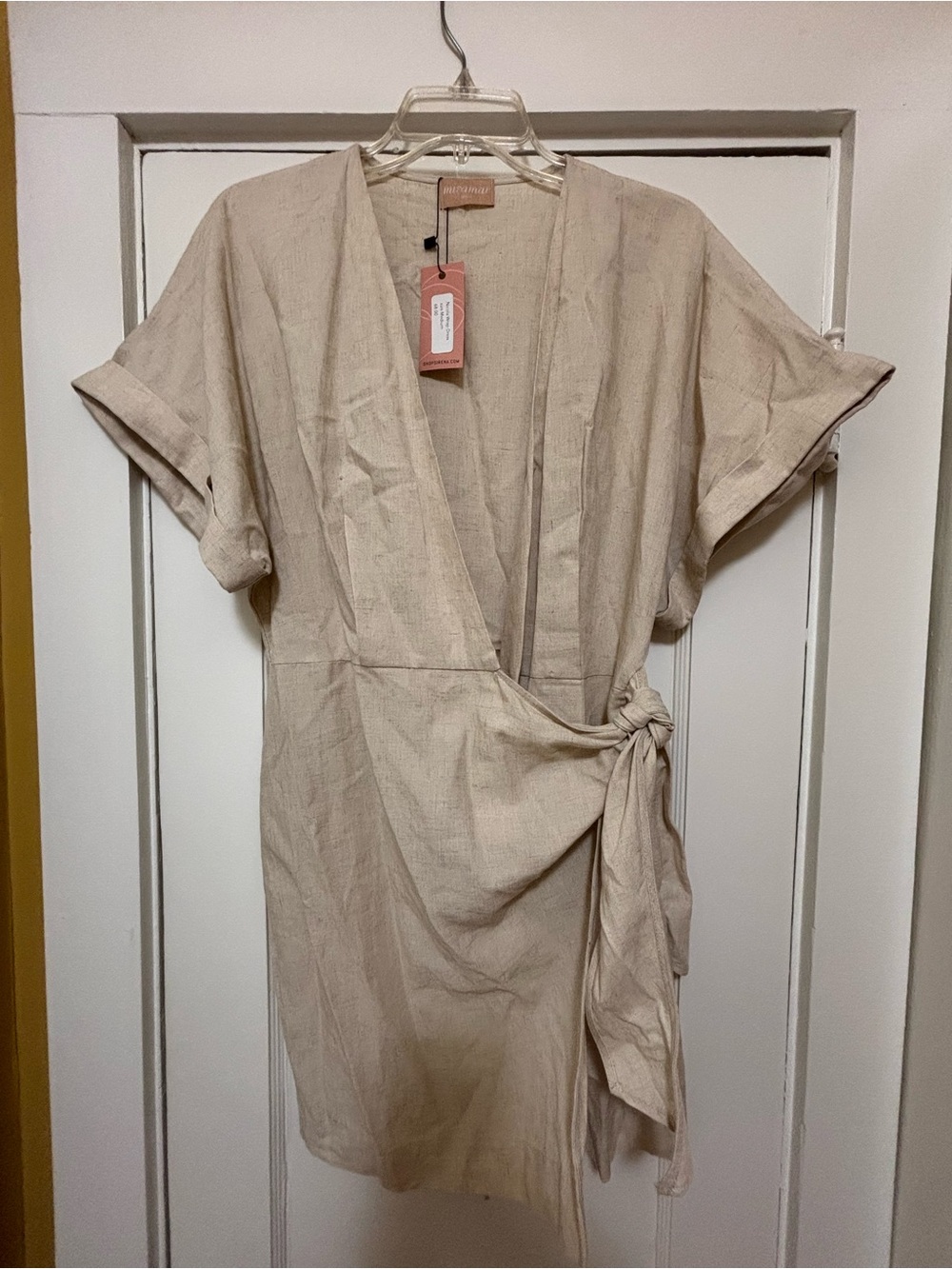 Beige Wrap Short-Sleeve Linen Dress